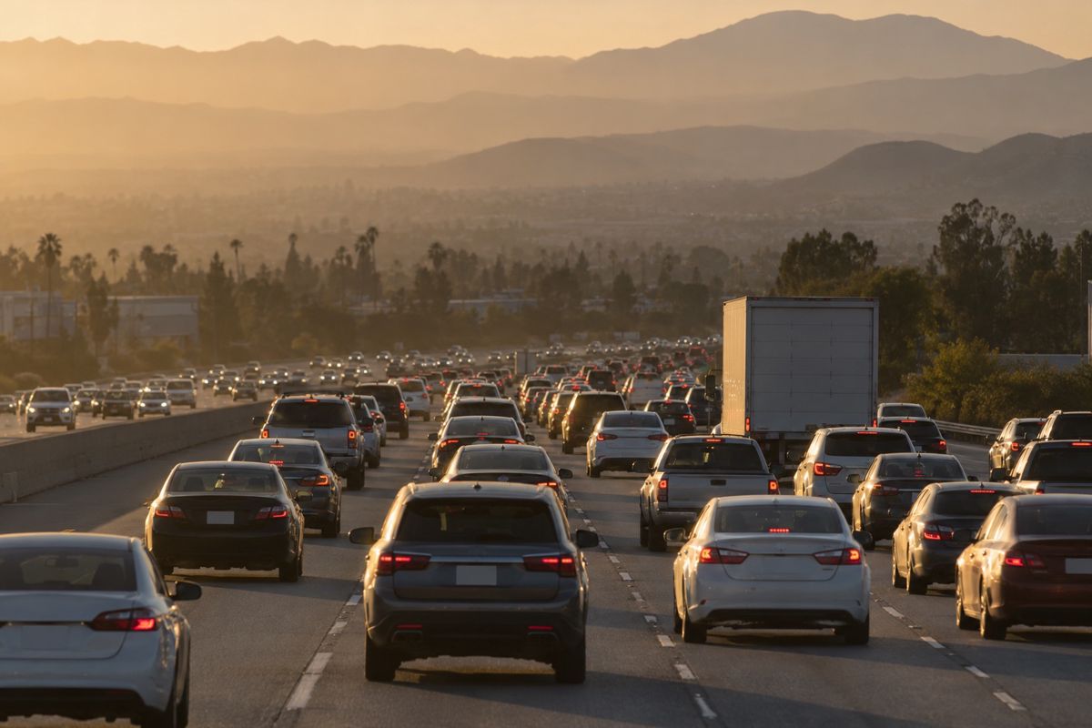 Slow commuter and truck traffic on a multi-lane freeway at dusk