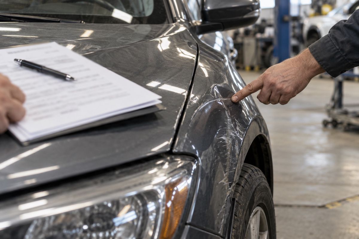Repair estimate sheet resting on a car hood beside a damaged fender