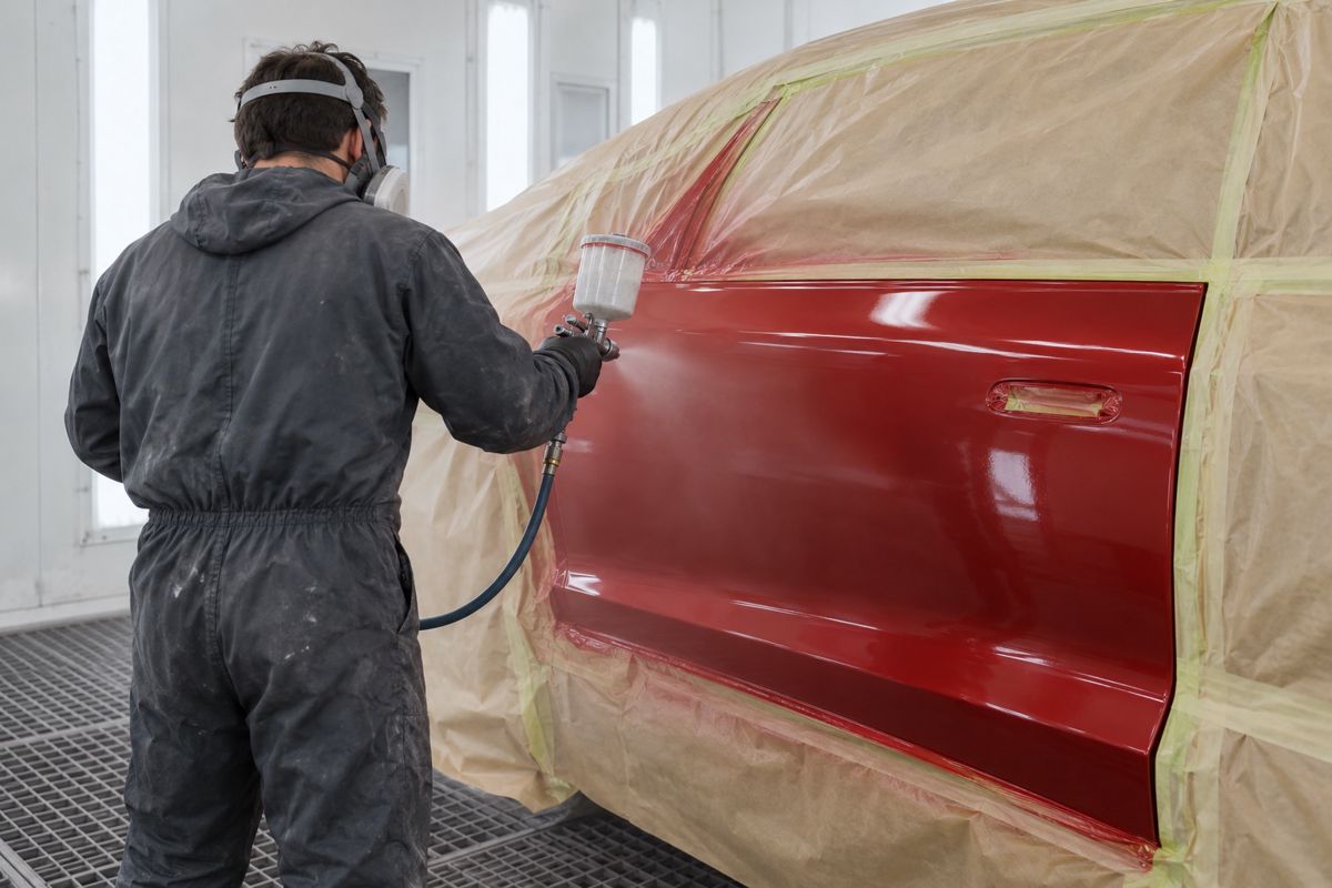 Painter spraying clear coat on a car door inside a booth
