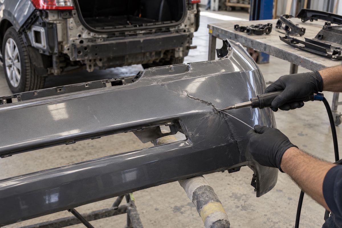 Cracked plastic bumper cover on a stand being repaired