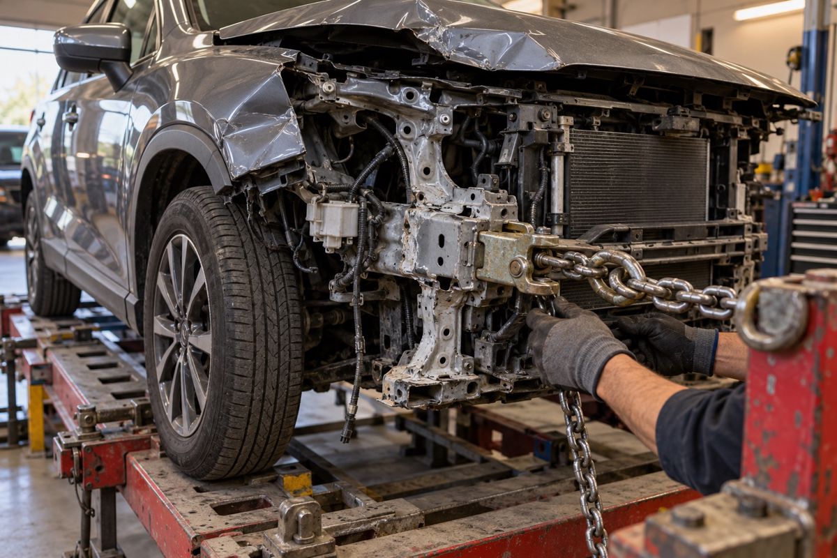 SUV with crumpled front corner on a frame straightening bench