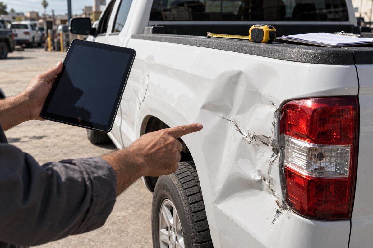 Estimator inspecting a dented truck panel and holding a tablet