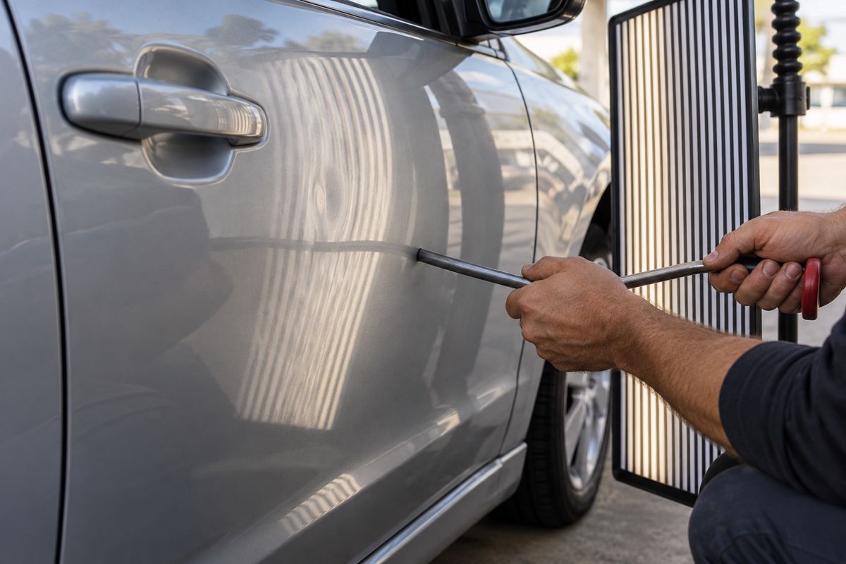 Technician using a rod and reflection board to remove a door dent